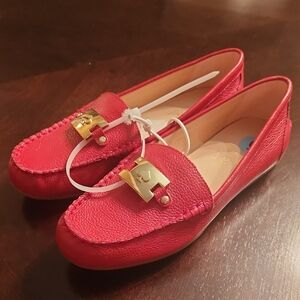 Kate Sprade Red Leather Loafers with Gold Accents Size 6
